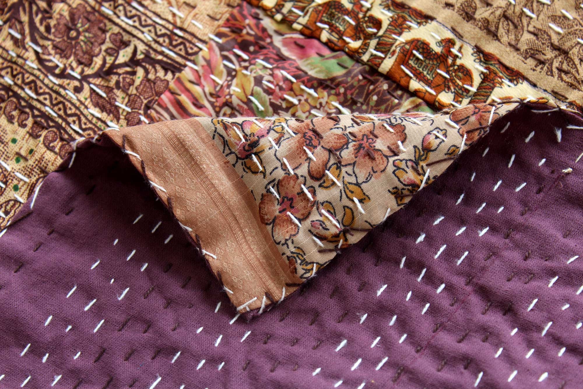 Brown Silk Patchwork Kantha Quilt Silk Sari Kantha Blanket Etsy