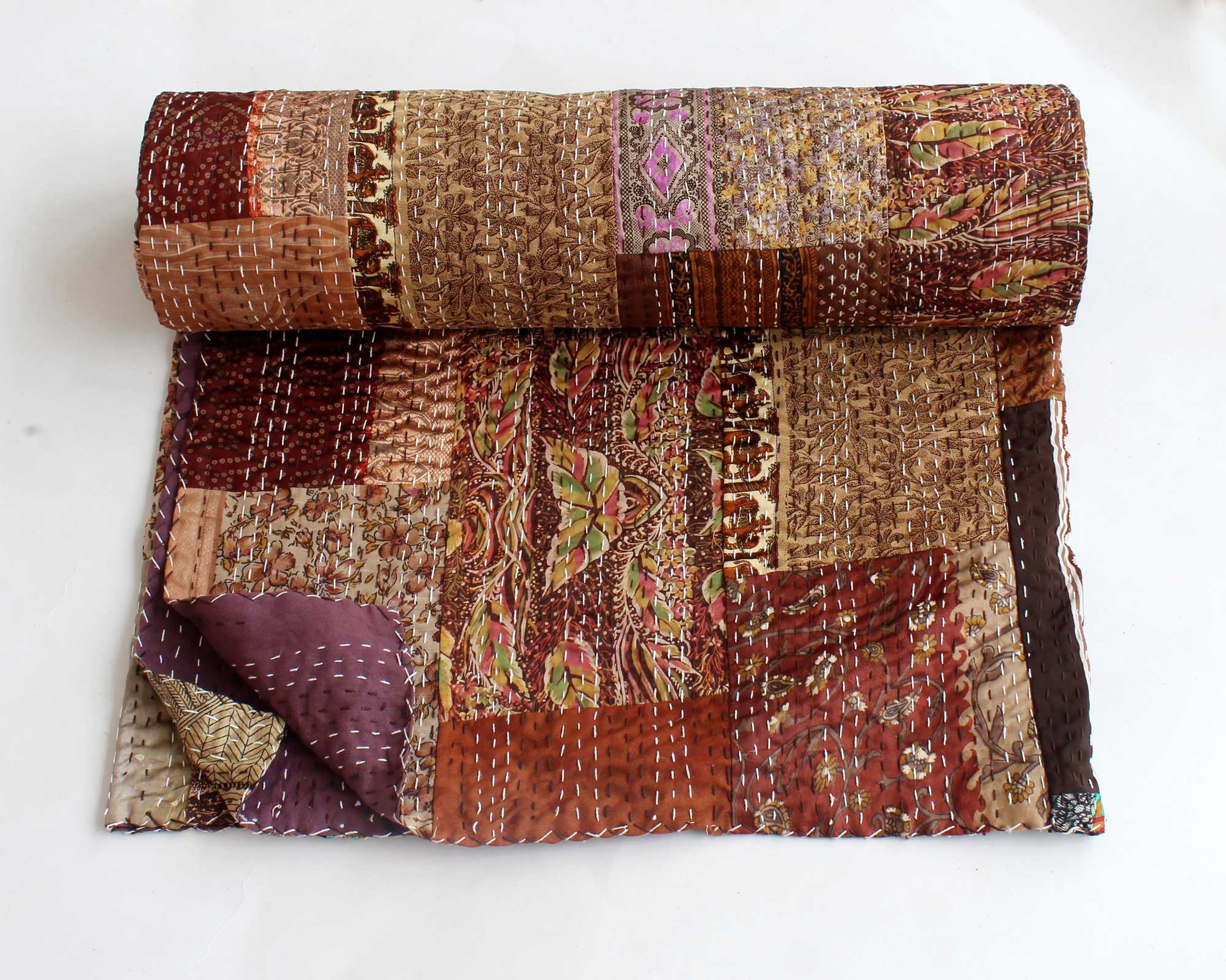Brown Silk Patchwork Kantha Quilt Silk Sari Kantha Blanket Etsy