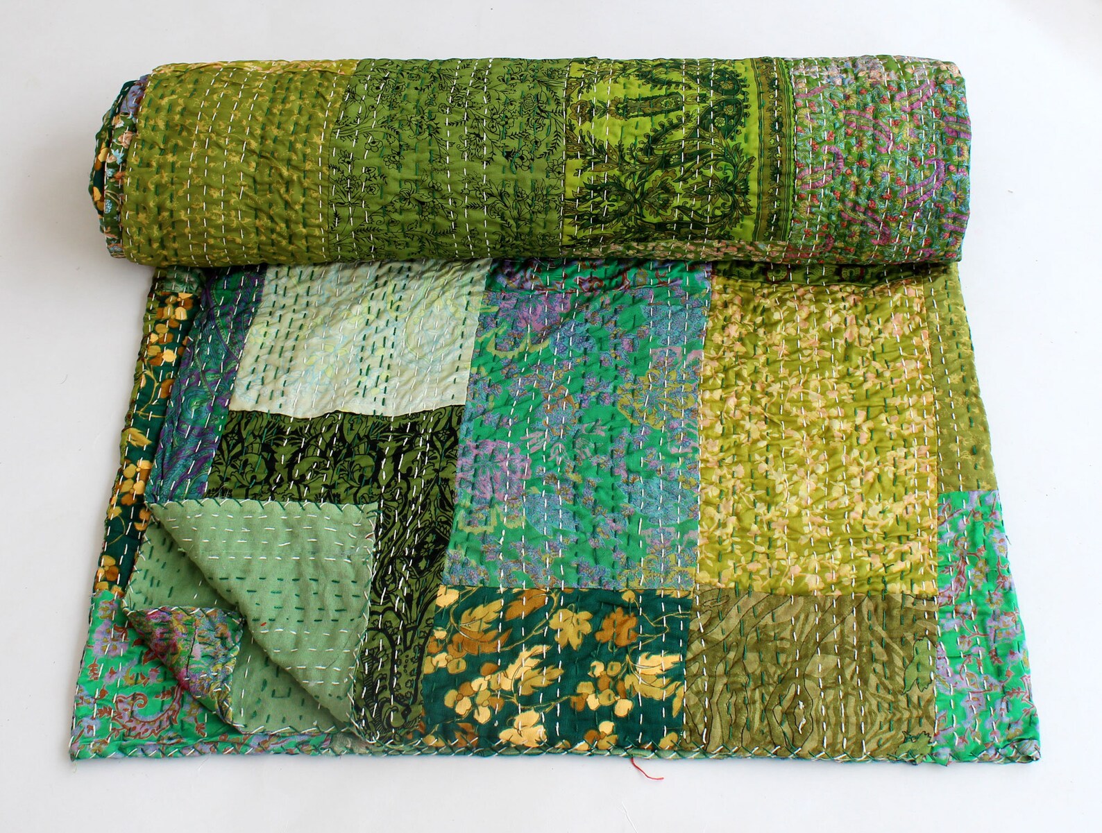 Green Patchwork Kantha Quilt Decorative Bedding Throw Hand Etsy