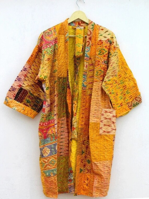 Kantha Quilt Jacket Women Wear Silk Patchwork Long Kimono | Etsy