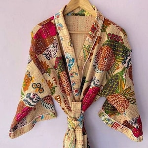 Cotton Women Wear Kantha Kimono Bathrobe Floral Print Long Indian ...
