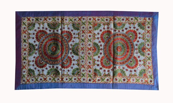 Indian Hand Embroidered Wall Hanging Hand Stitched Mirror Work Wall Tapestry Decorative Table Cover Patchwork Floor Throw
