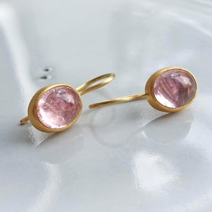 Tourmaline earrings 900 gold, handmade 22k earrings with light pink tourmaline cabochons, minimalist gemstone drop earrings - Dsiho