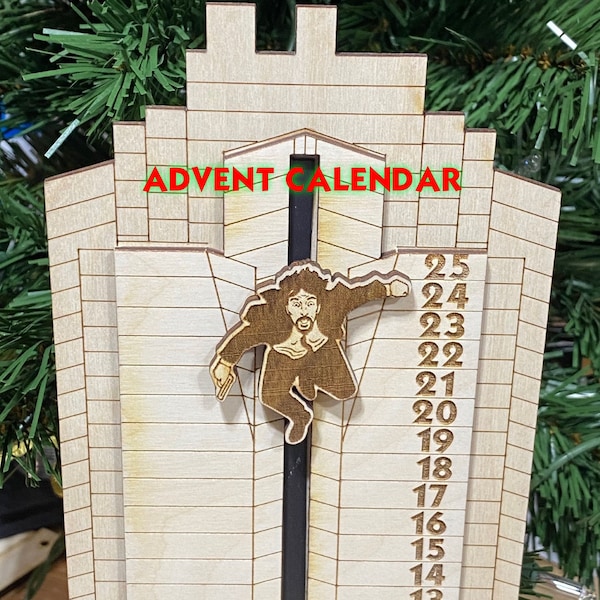 Die Hard inspired Advent Calendar - Hans Gruber Falling off Nakatomi Plaza - NATURAL color with multi-color Hans
