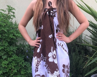 Hawaiian Design Brown & White Hibiscus Flower Sarong Cover-Up Floral Pareo Wrap Skirt Dress