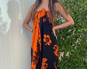 Hawaiian Design Orange & Black Hibiscus Flower Sarong Cover-Up Floral Pareo Wrap Skirt Dress
