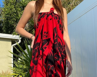 Hawaiian Pareo Red & Black Flower Hibiscus Pattern Wraparound Sarong Skirt