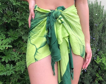 Hawaiian Green Hibiscus Flower Sarong Half Size Cover-Up Floral Pareo Wrap Skirt Dress
