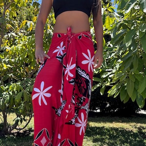 Hawaiian Design Sarong Red Plumeria Tribal Honu Turtle Luau Cruise Wrap Beach Pareo Wear Dress