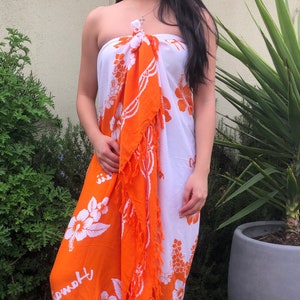 Hawaiian Design Orange & White Hibiscus Flower Sarong Cover-Up Floral Pareo Wrap Skirt Dress
