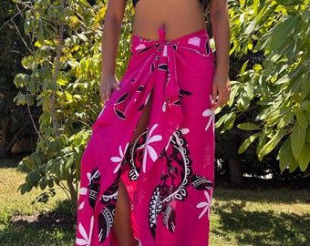 Hawaiian Design Sarong Pink Fuchsia Plumeria Tribal Honu Turtle Luau Cruise Wrap Beach Pareo Wear Dress