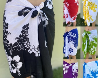 Hawaiian Hibiscus / Plumeria Pareo Wrap White Half Cut Sarong Skirt Wrap