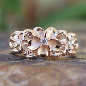 Hawaiian Jewelry Silver Pink Gold Three Plumerias Scroll CZ Wedding Ring Band 8mm