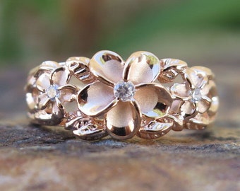Hawaiian Jewelry Silver Pink Gold Three Plumerias Scroll CZ Wedding Ring Band 8mm
