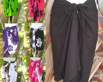 Solid Black White Hawaiian Hibiscus Flower Short Half-Sized Sarong Cover-Up Pareo Wrap Skirt