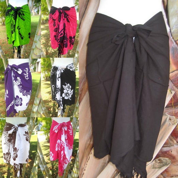 Solid Black White Hawaiian Hibiscus Flower Short Half-Sized Sarong Cover-Up Pareo Wrap Skirt