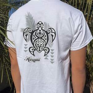Hawaiian Design Surfing Beach White T-shirt Tribal Turtle Honu 100% Cotton Tee