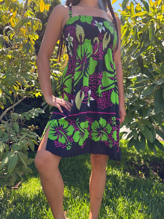 Hawaiian Short Sun Dress Floral Black Green Hibiscus Adjustable Thin Cami Strap Hawaiian Short Sun Dress Floral Black Green Hibiscus Adjustable Thin Cami Strap