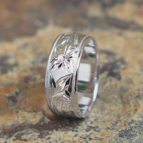 Hawaiian Jewelry Sterling Silver Floral Scroll Love Wedding Ring