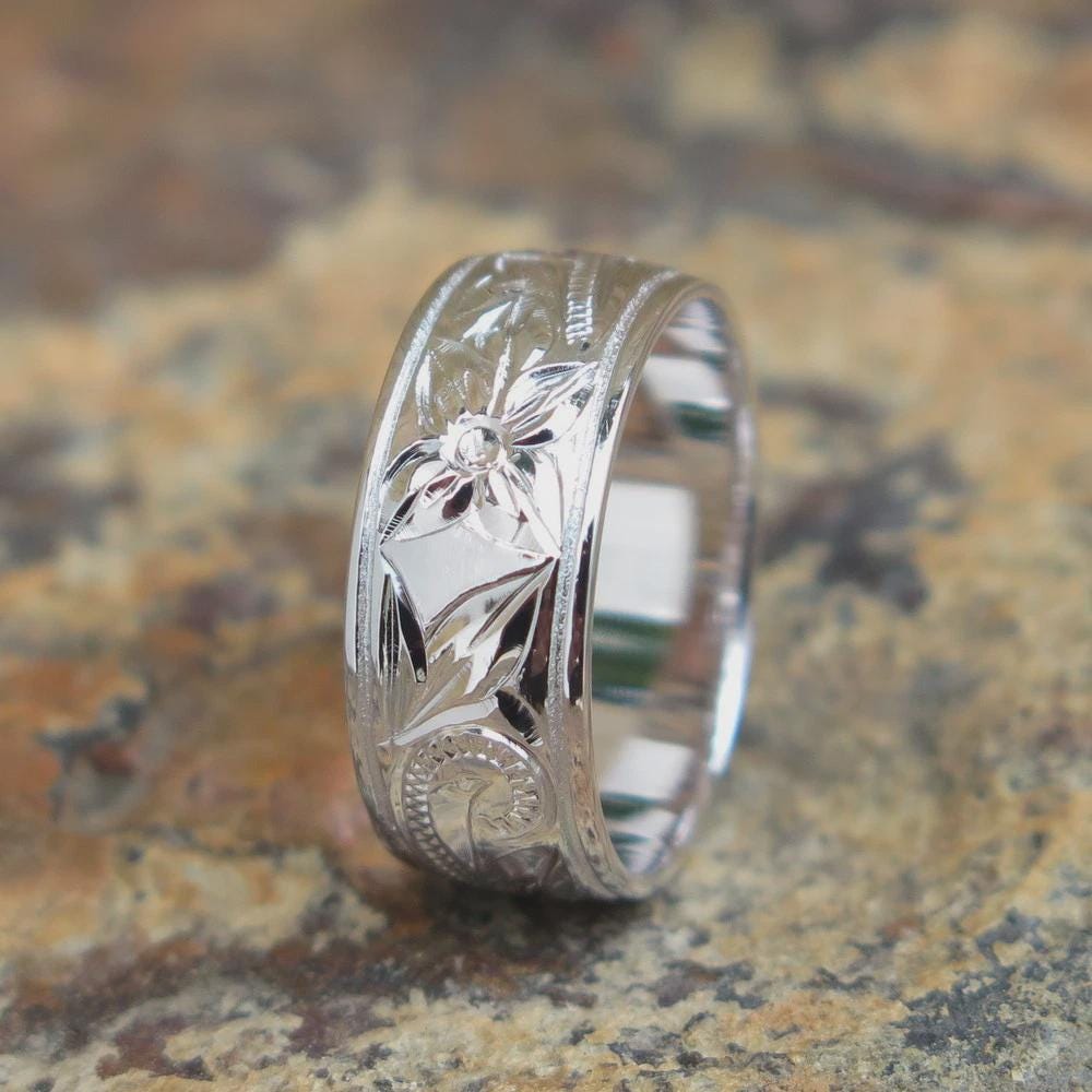 Hawaiian Jewelry Sterling Silver Floral Scroll Love Wedding Ring