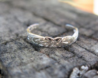 Hawaiian Sterling Silver Floral Design Engraved Scrolling Toe Ring 4mm