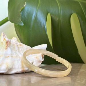 May include: A light beige bangle bracelet with a clasp, resting near a white seashell. The bracelet has a marbled appearance. A large green leaf is in the background.