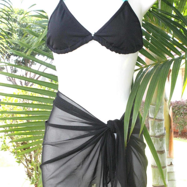 Solid Black Short Mesh Sarong Pareo Beach Cover-up Wrap Skirt