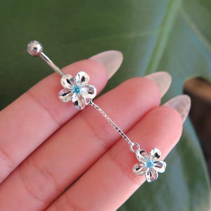 Hawaiian Sterling 925K Silver Plated Turquoise CZ Gem Double Chain Linked Plumeria Flower Belly Ring