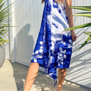 Abito Da Spiaggia Con Pareo Hawaiano Blu Gigante Di Ibisco, Luau - Foto 8