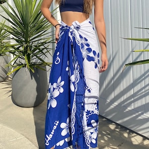 Abito Da Spiaggia Con Pareo Hawaiano Blu Gigante Di Ibisco, Luau - Foto 7