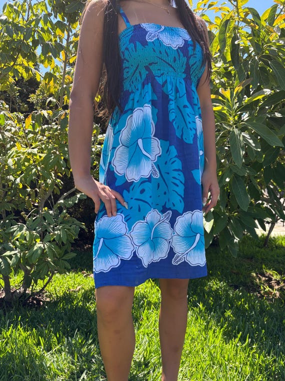 Hawaiian Short Sun Dress Floral Blue White Hibiscus Adjustable Thin Cami  Strap