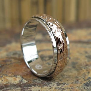 Hawaiian Jewelry Sterling Silver Pink Rose Gold Plated Maile Leaves Wedding Ring Band 6mm