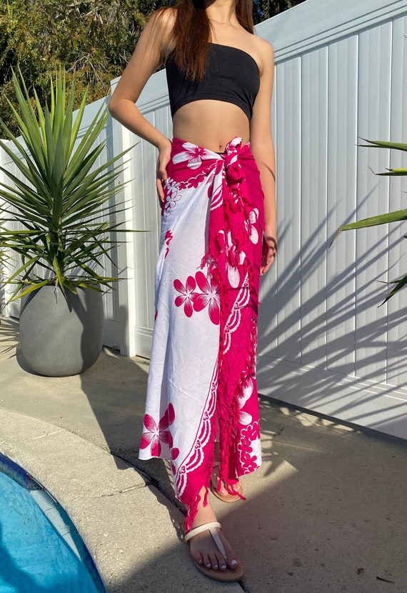 Hawaiian Pink White Plumeria Flower Sarong Cover-up Floral Pareo Wrap Skirt  Dress 