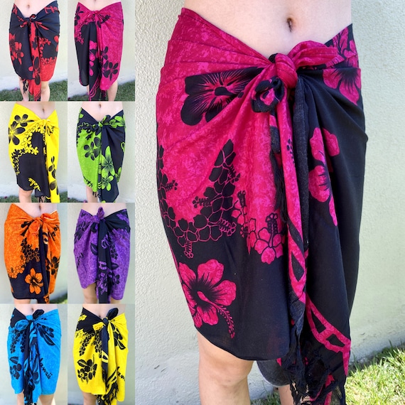 Hawaiian Design Hibiscus / Plumeria Pareo Wrap Black Half Cut