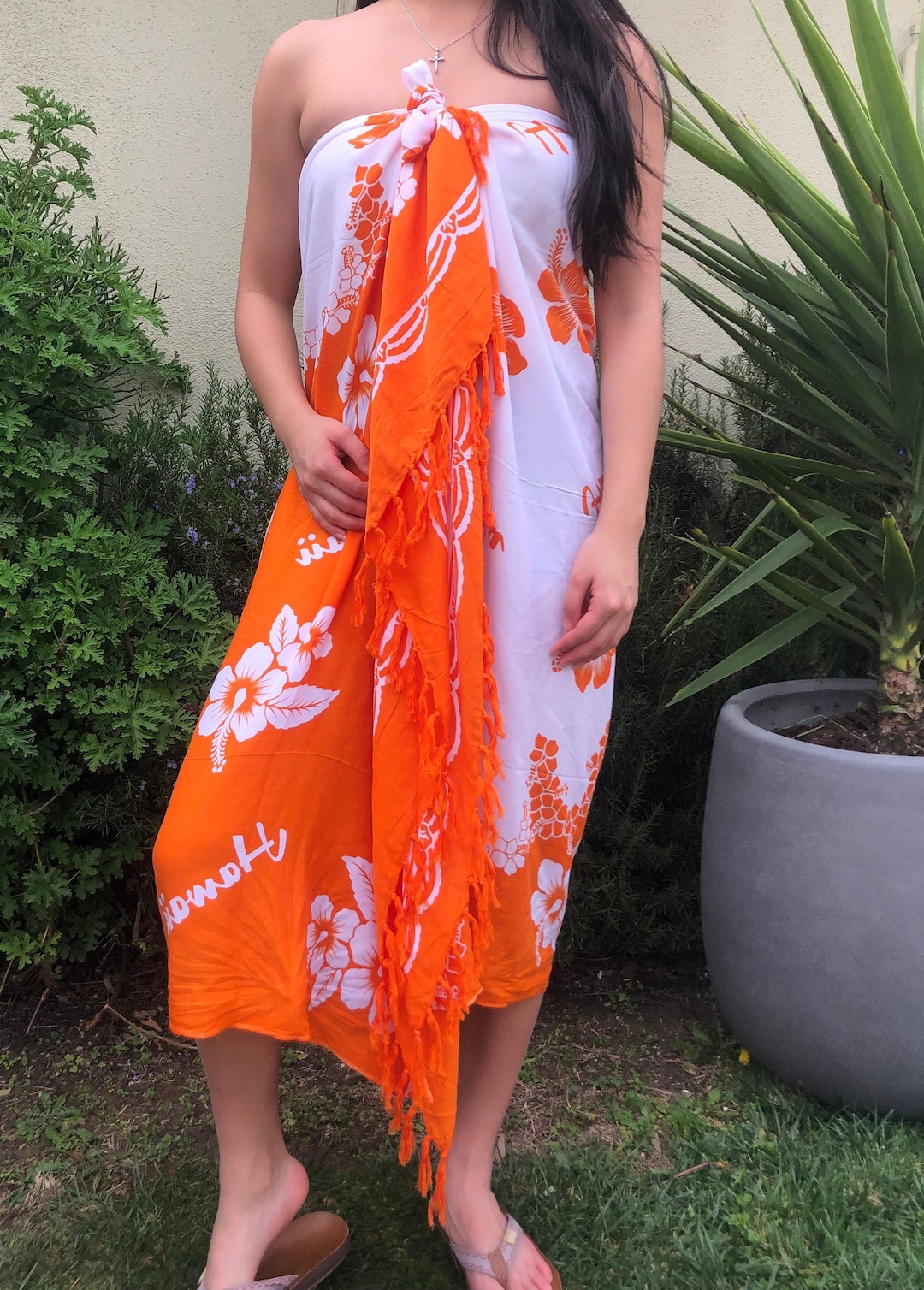 Hawaiian Design Orange White Hibiscus Flower Sarong Cover-up
