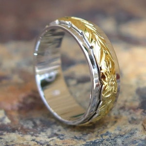 Hawaiian Jewelry Sterling Silver Gold Plated Maile Leaves Wedding Ring Band 6mm