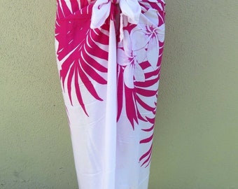 Hawaiian White Pink Plumeria Flower Sarong Cover-Up Floral Pareo Wrap Skirt Dress