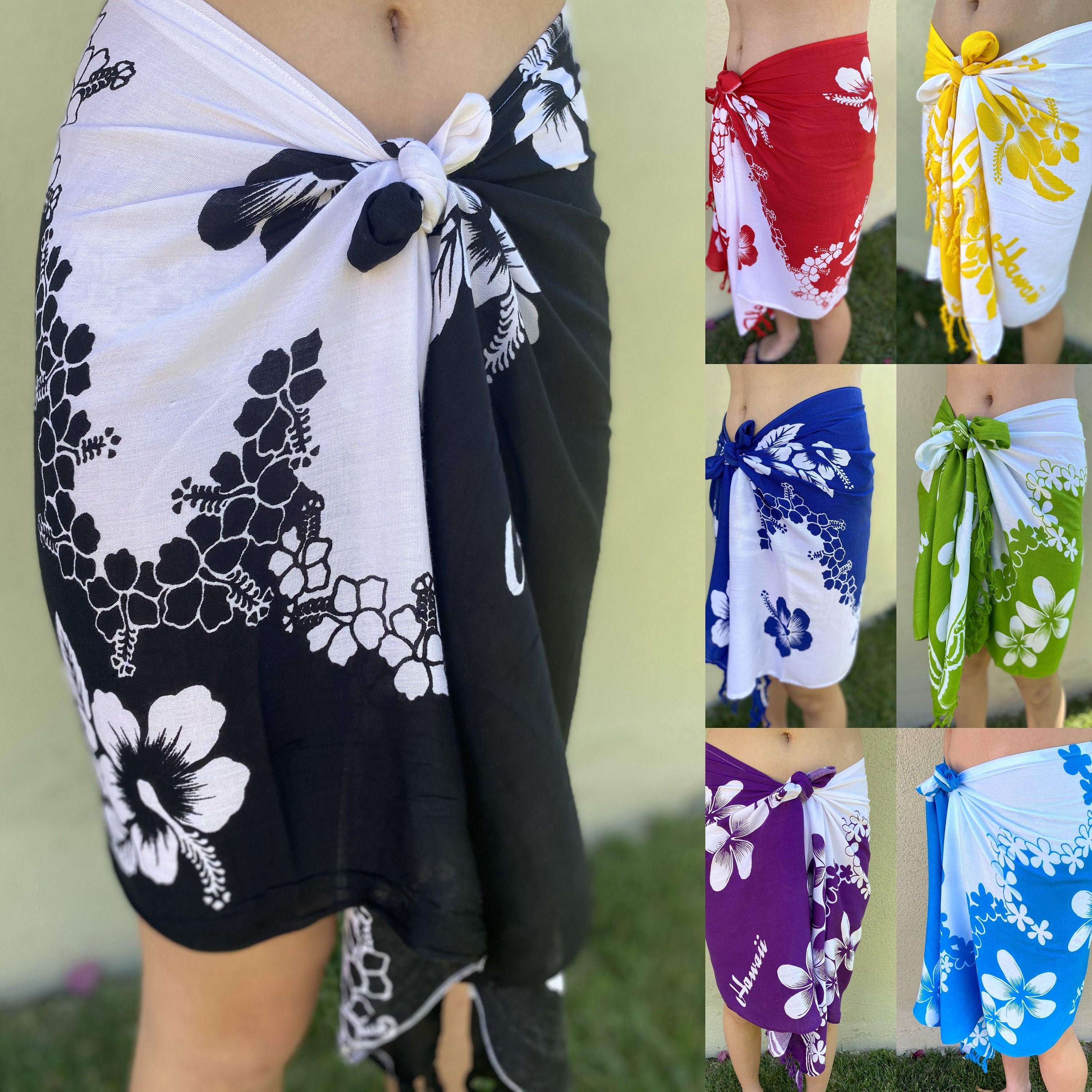 Hawaiian Hibiscus Plumeria Pareo Wrap White Half Cut Sarong Skirt Wrap Etsy