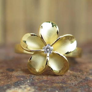 Medium Hawaiian Hibiscus Flower Ring With CZ Solid Sterling