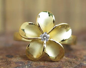 Hawaiian Jewelry 925 Sterling Silver Gold Plated Plumeria Flower CZ Wedding Ring Band 15mm