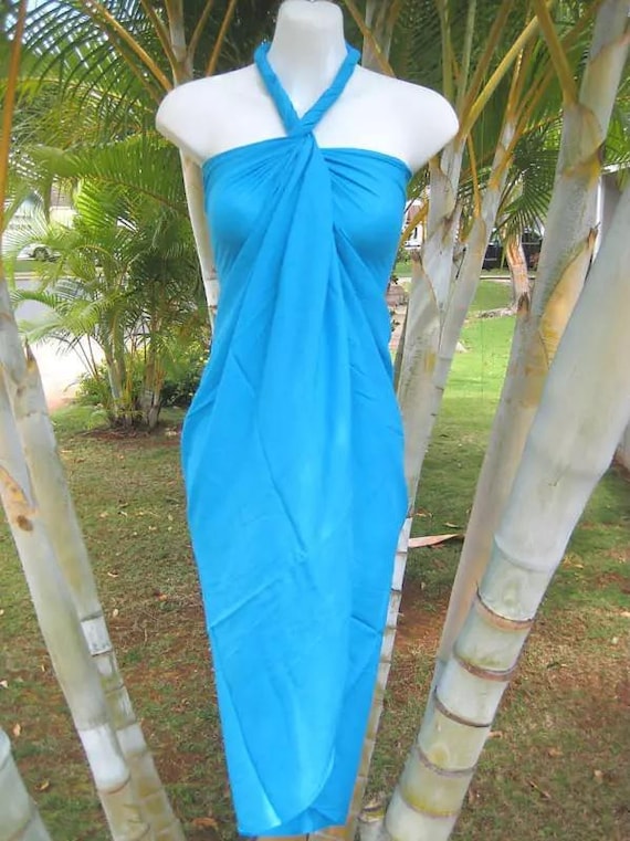 blue sarong dress Short Sarong Dress Elastic Back Retro Oasis Palms Shaka Time Hawaii