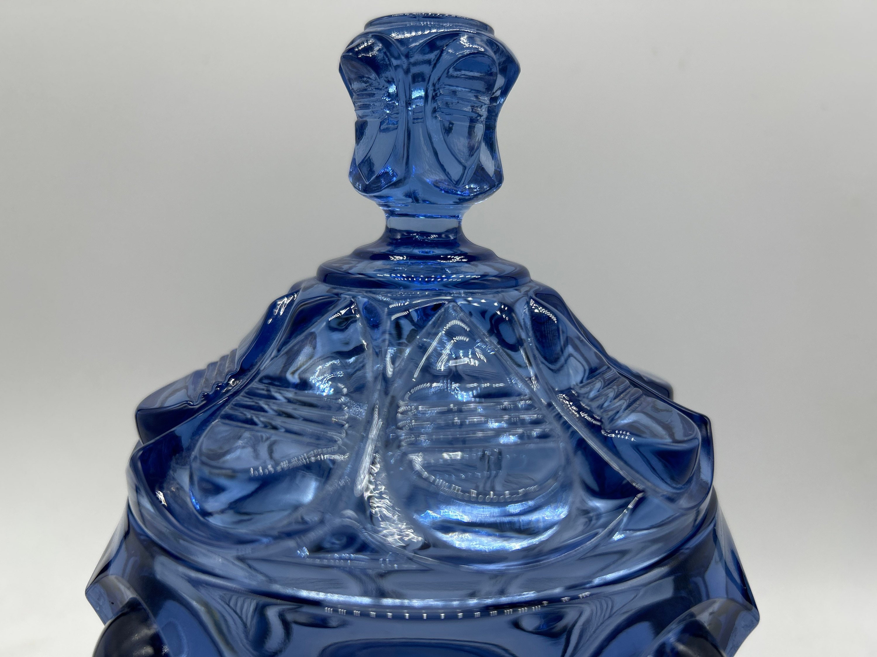 FENTON Glass Barred Oval Tanzanite Blue Candy Dish With Lid Etsy