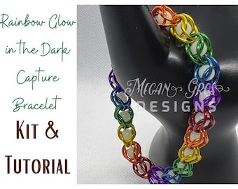 KIT & TUTORIAL - Rainbow Glow-in-the-Dark Capture Bracelet, Chainmaille, Chainmail, Great for Beginners!