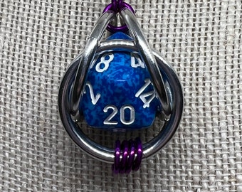 Bright Blue d20 20 Sided Dice Capture Chainmaille Pendant, Custom Length Stainless Steel Chain, Pendant Measures 1.75" Tall