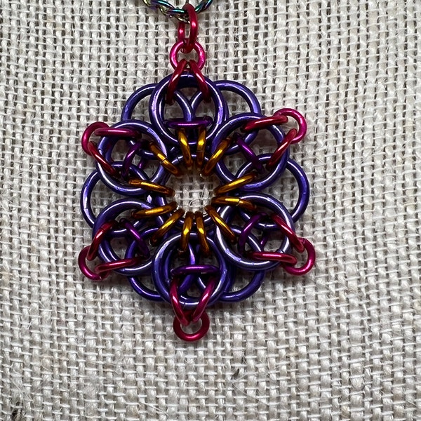 Purple, Violet, Pink & Orange Celtic Star Chainmaille Pendant Measuring approx. 2" Tall, Custom Length Stainless Steel Chain