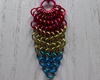 Pansexual Pride Pride Waterfall European 4-in-1 Chainmaille Pendant Measuring approx. 2.5" Tall, Custom Length Stainless Steel Chain