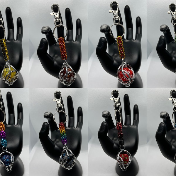 Chainmaille d20 Dice Keychains in a Variety of Colours - Each One is One-of-a-Kind!  Measures Approx. 5.5" Long Including Split Ring & Clip