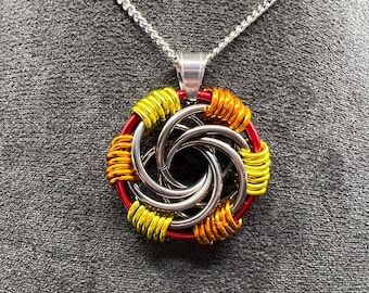 Fire Colours Vortex Pendant, Custom Length Stainless Chain, Anodized Aluminum & Stainless Steel, Pendant Measures Approx. 1.75" Long