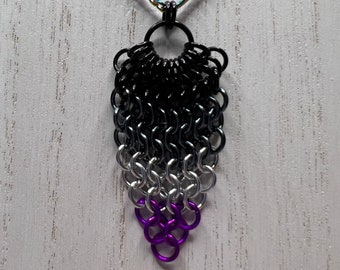 Asexual Pride Waterfall European 4-in-1 Chainmaille Pendant Measuring approx. 2.5" Tall, Custom Length Stainless Steel Chain