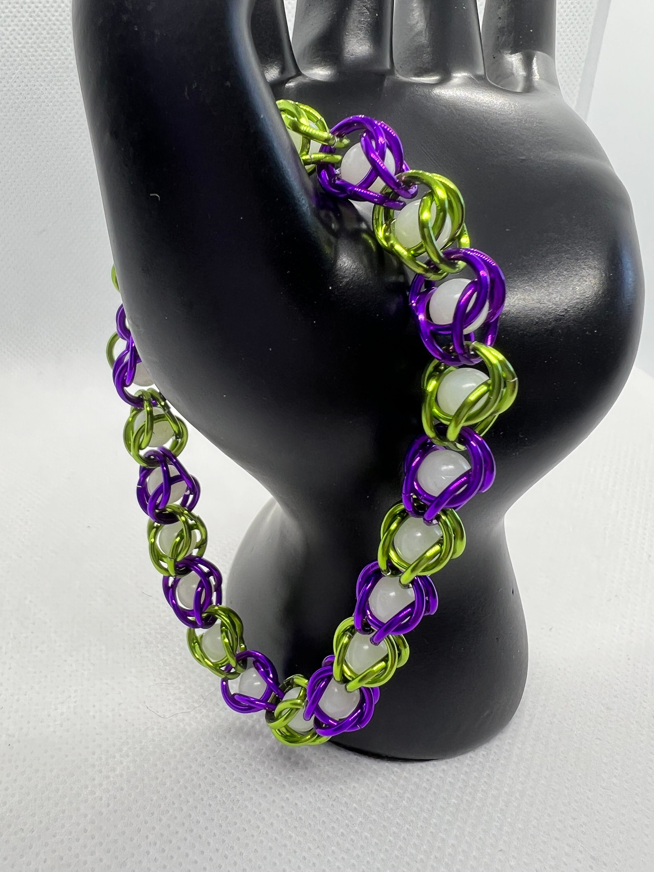 Green Captured Glow in the Dark Bead Bracelet Niobium Hook Clasp Adjustable 7-8.5 Long Chainmaille Blue Anodized Aluminum Rings Purple